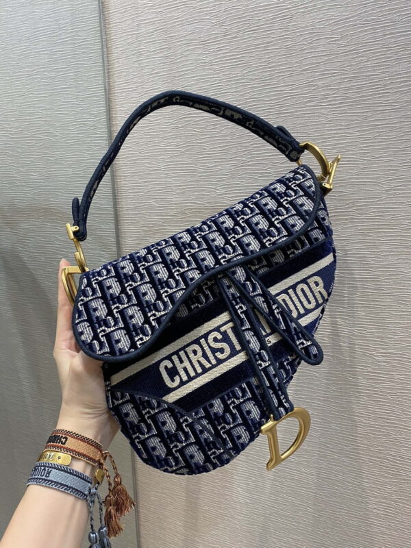 1:1 Replica Christian Dior Saddle Bag Blue Oblique Canvas Gold Toned Hardware For Women 25cm/10in CD