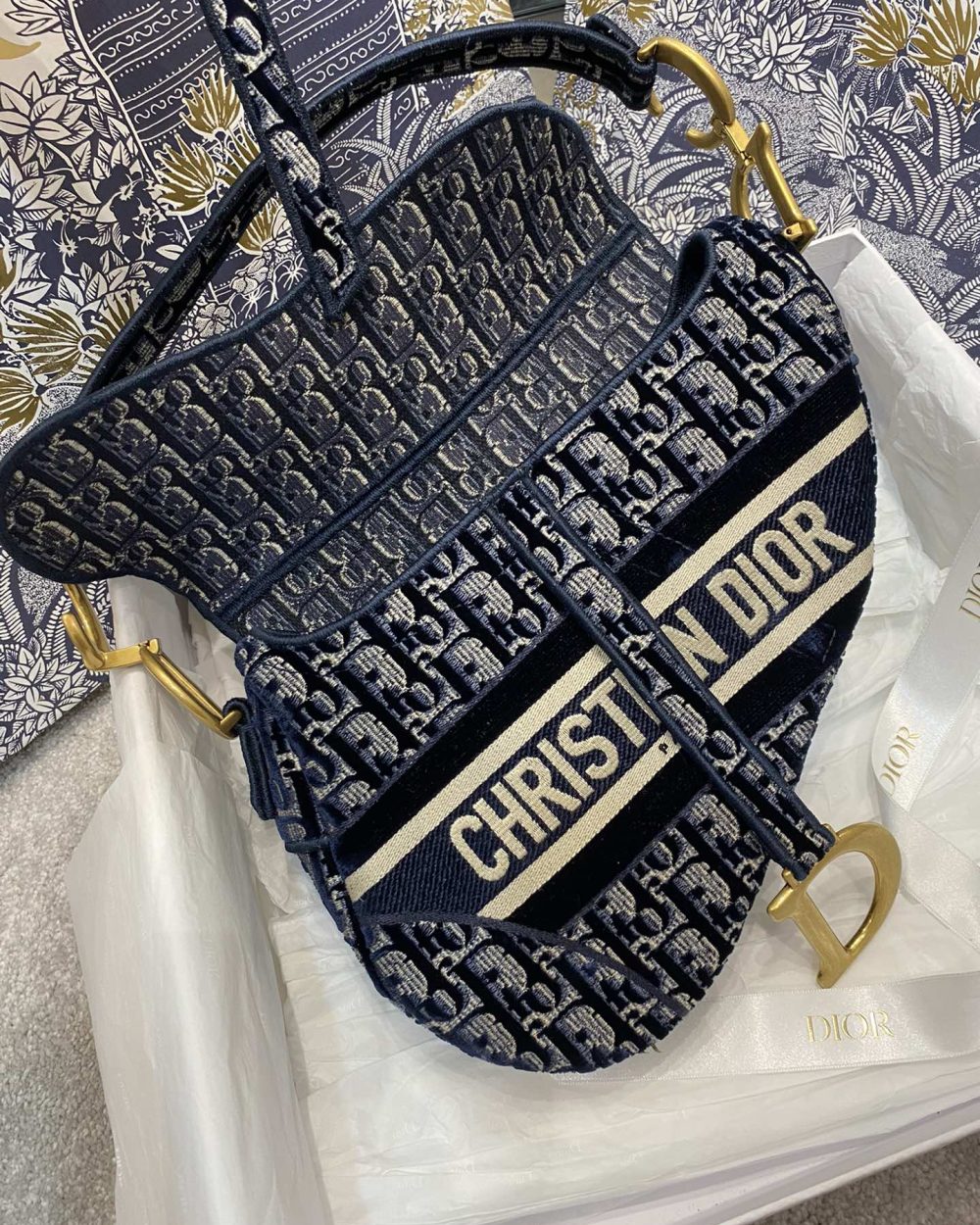 1:1 Replica Christian Dior Saddle Bag Blue Oblique Canvas Gold Toned Hardware For Women 25cm/10in CD