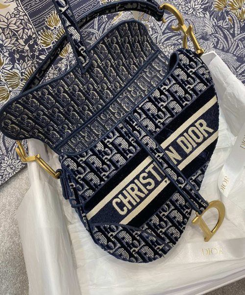 1:1 Replica Christian Dior Saddle Bag Blue Oblique Canvas Gold Toned Hardware For Women 25cm/10in CD
