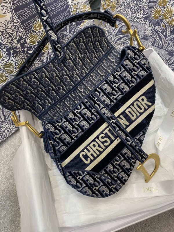 1:1 Replica Christian Dior Saddle Bag Blue Oblique Canvas Gold Toned Hardware For Women 25cm/10in CD