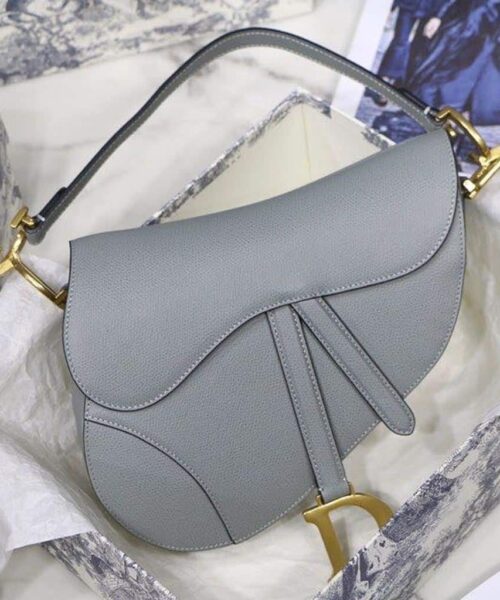 1:1 Replica Christian Dior Saddle Bag Light Blue Grained Gold Toned Hardware For Women 25cm/10in CD