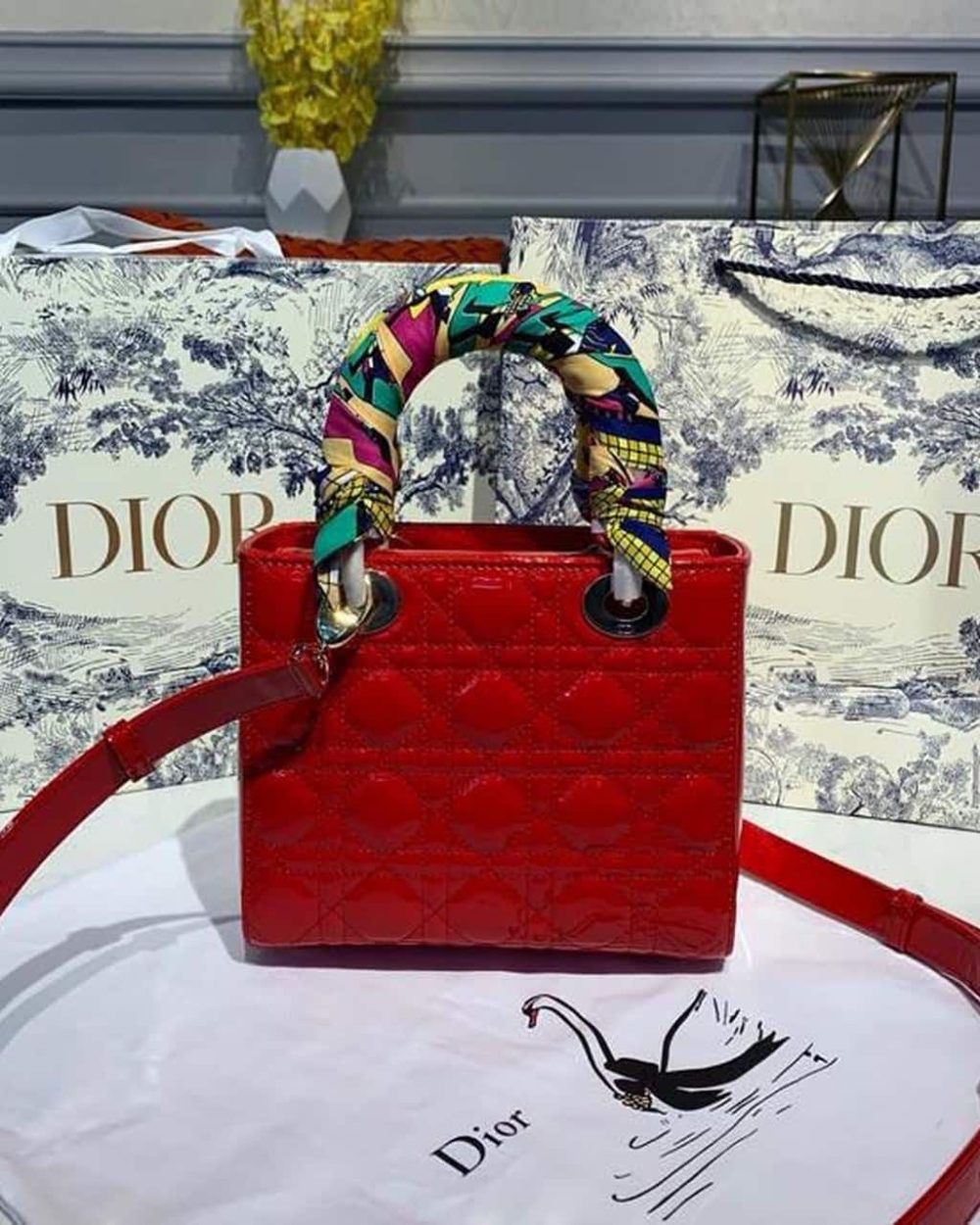 1:1 Replica Christian Dior Small Lady Dior Bag Gold Toned Hardware Cherry Red Patent For Women 8in/20cm CD M0531OWCB_M323