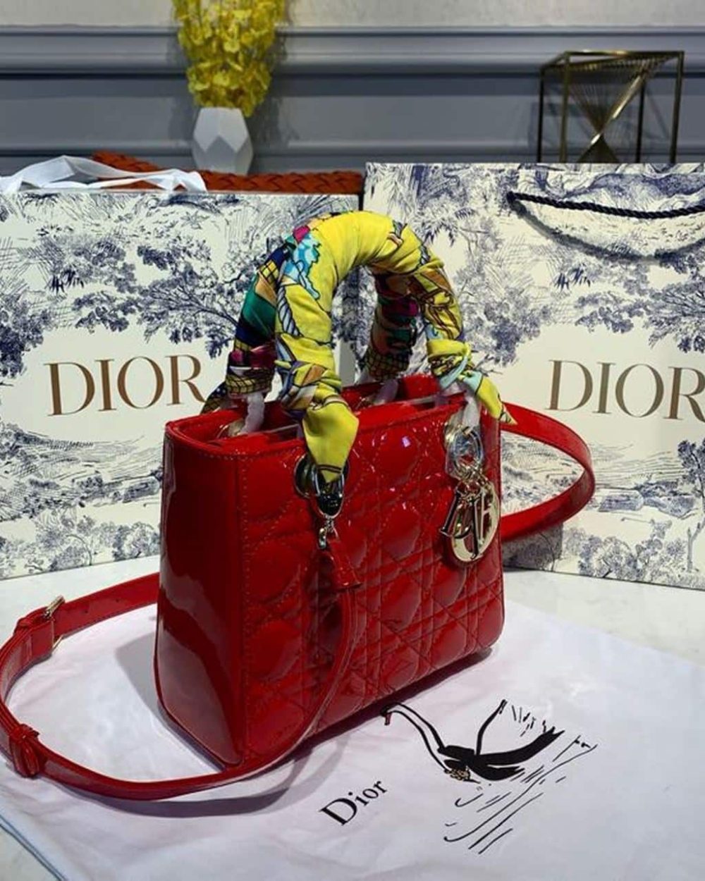1:1 Replica Christian Dior Small Lady Dior Bag Gold Toned Hardware Cherry Red Patent For Women 8in/20cm CD M0531OWCB_M323