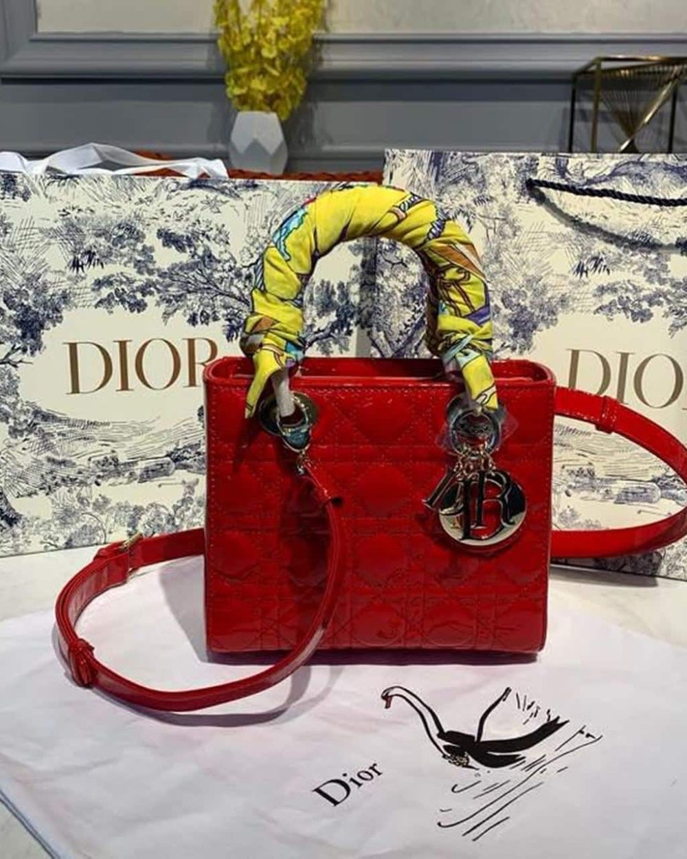 1:1 Replica Christian Dior Small Lady Dior Bag Gold Toned Hardware Cherry Red Patent For Women 8in/20cm CD M0531OWCB_M323