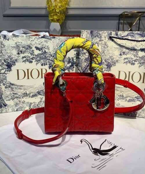 1:1 Replica Christian Dior Small Lady Dior Bag Gold Toned Hardware Cherry Red Patent For Women 8in/20cm CD M0531OWCB_M323
