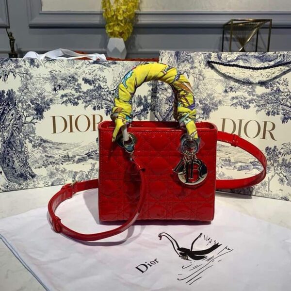 1:1 Replica Christian Dior Small Lady Dior Bag Gold Toned Hardware Cherry Red Patent For Women 8in/20cm CD M0531OWCB_M323