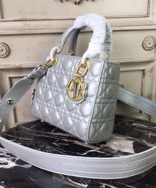 1:1 Replica Christian Dior Small Lady Dior Bag Gold Toned Hardware Pearl Silver White For Women 8in/20cm CD
