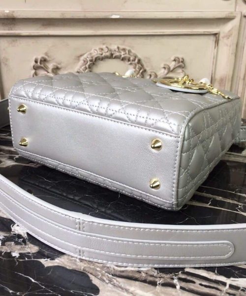1:1 Replica Christian Dior Small Lady Dior Bag Gold Toned Hardware Pearl Silver White For Women 8in/20cm CD