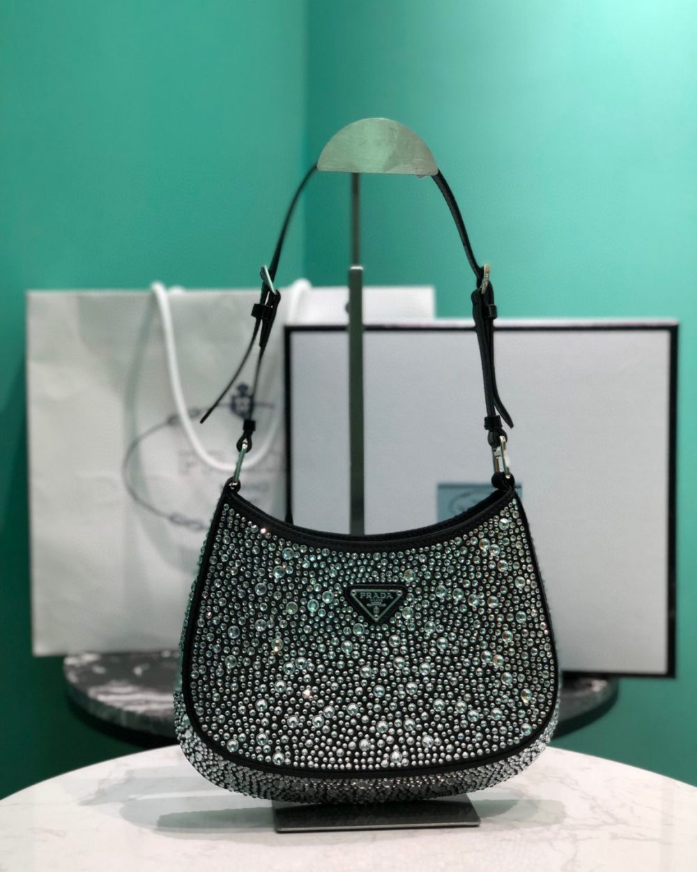 Cleo Satin Bag With Crystals In Black/Gold Tone For Women 8.6in/ 22cm 1BC169_2AWL_F063R_V_HOO