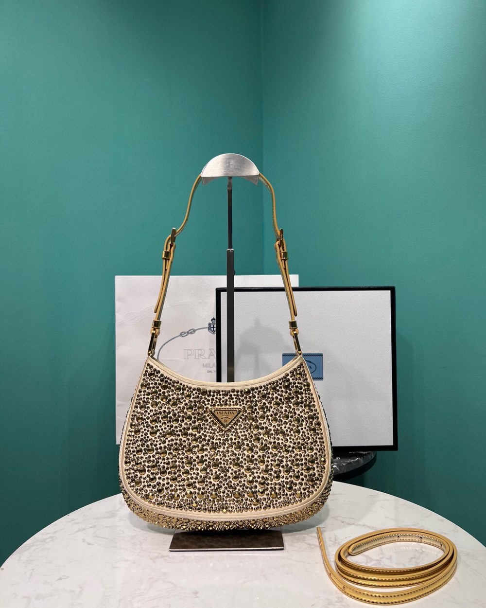 Cleo Satin Bag With Crystals In Black/Gold Tone For Women 8.6in/ 22cm 1BC169_2AWL_F063R_V_HOO