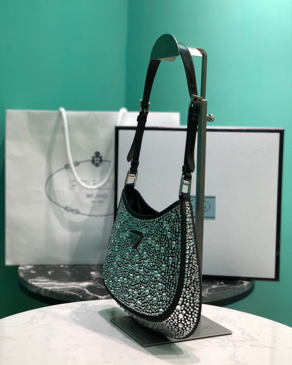 Cleo Satin Bag With Crystals In Black/Gold Tone For Women 8.6in/ 22cm 1BC169_2AWL_F063R_V_HOO