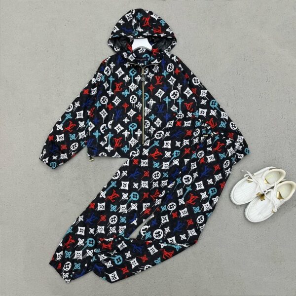 Colorful Monogram Motifs Sporty Jacket And Pants Black For Women