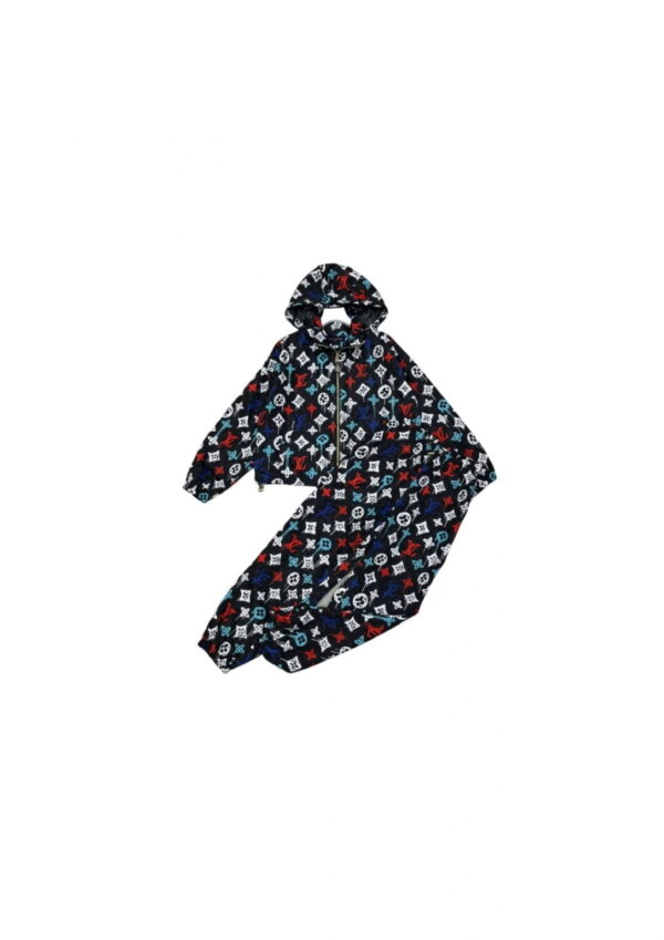 Colorful Monogram Motifs Sporty Jacket And Pants Black For Women
