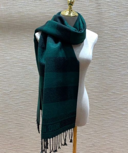 Dior Caro Patterns Dark Green and Black Wool Scarf 200cm/79in 