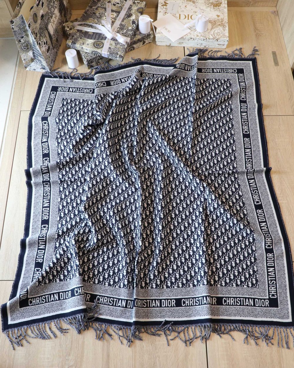 Dior Oblique Diortwin Square Dark Blue Silk Twill Scarf 150cm/71in 