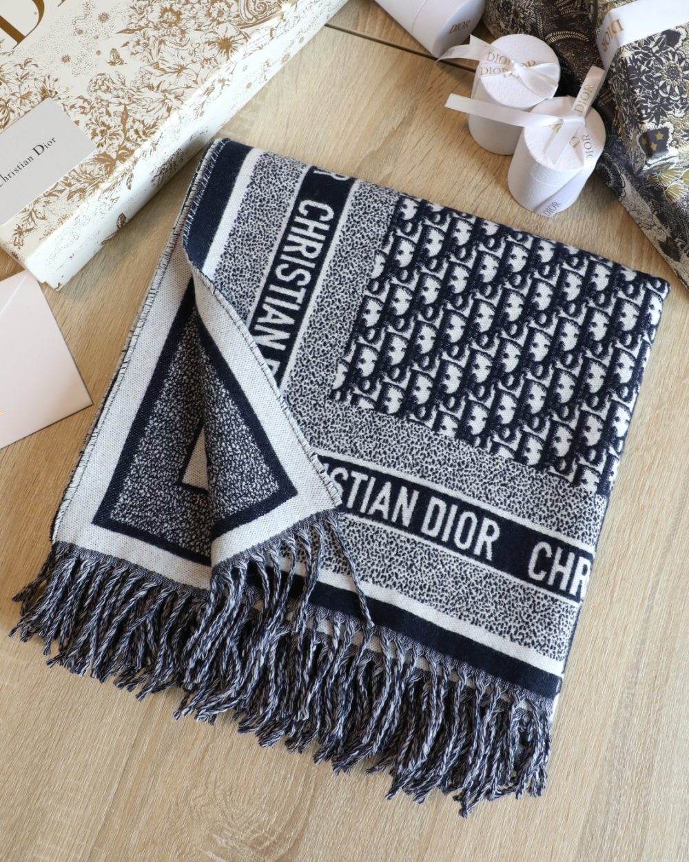 Dior Oblique Diortwin Square Dark Blue Silk Twill Scarf 150cm/71in 