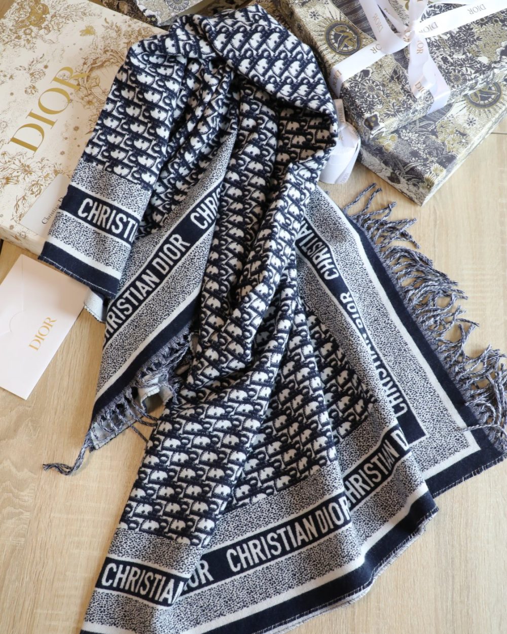 Dior Oblique Diortwin Square Dark Blue Silk Twill Scarf 150cm/71in 