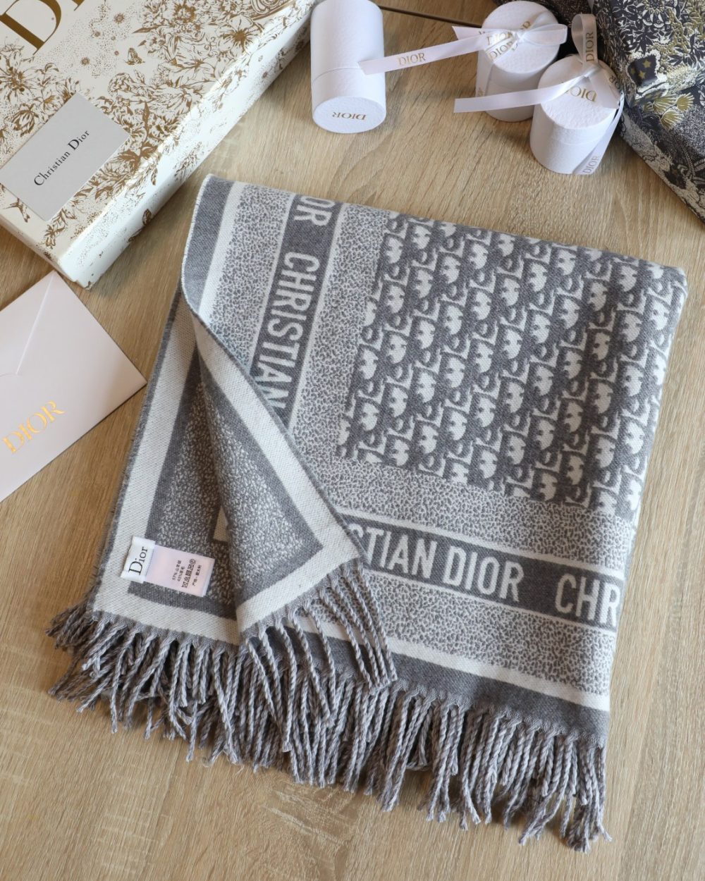 Dior Oblique Diortwin Square Gray and Navy Blue Silk Twill Scarf 150cm/71in 