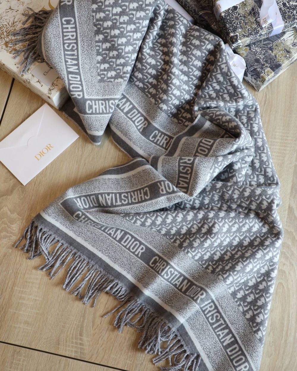 Dior Oblique Diortwin Square Gray and Navy Blue Silk Twill Scarf 150cm/71in 