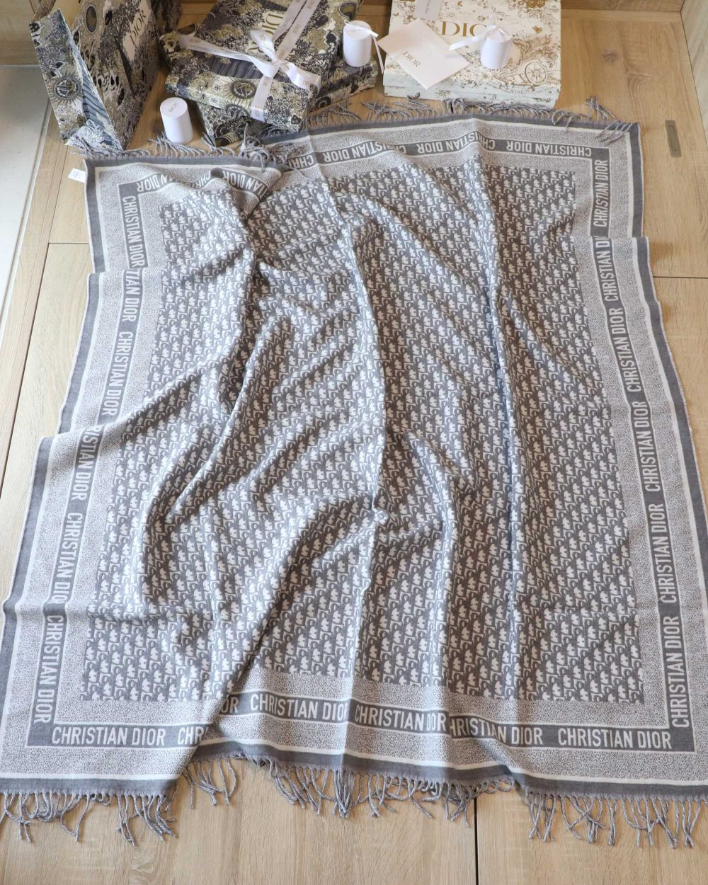 Dior Oblique Diortwin Square Gray and Navy Blue Silk Twill Scarf 150cm/71in 