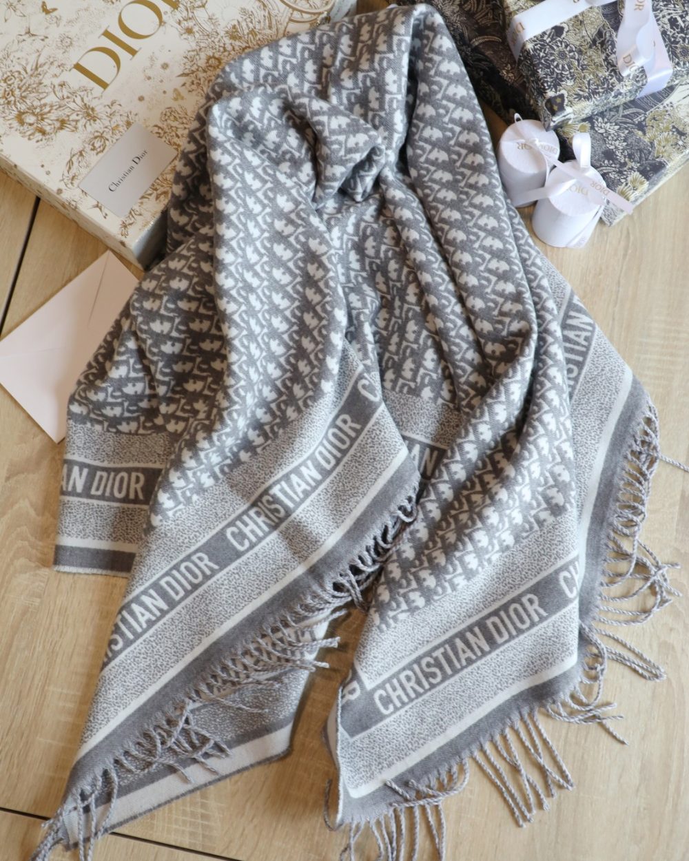 Dior Oblique Diortwin Square Gray and Navy Blue Silk Twill Scarf 150cm/71in 