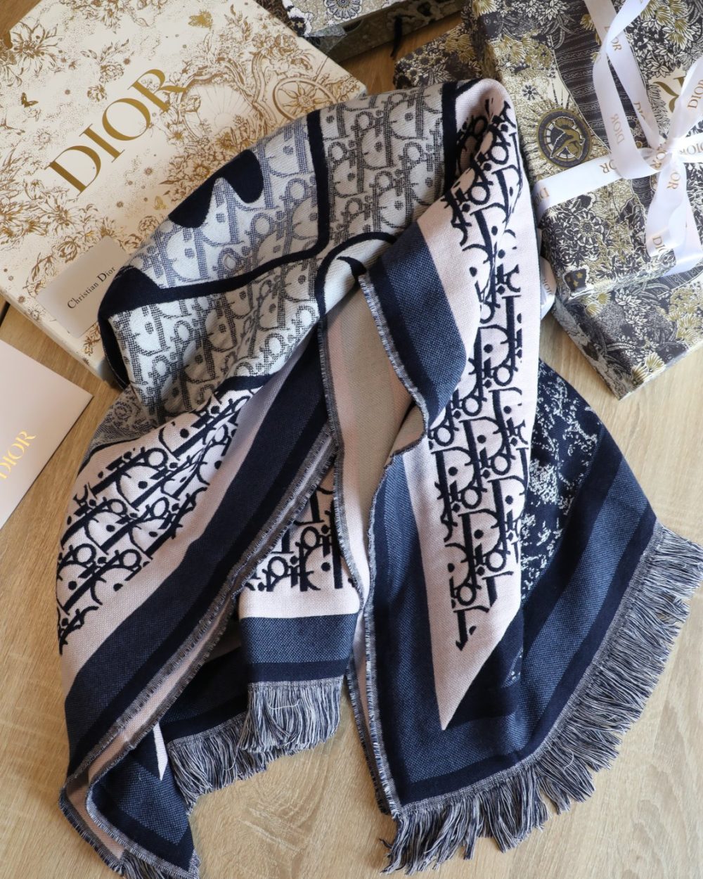 Dior Oblique Square Cashmere Navy Blue Scarf 150cm/59in 