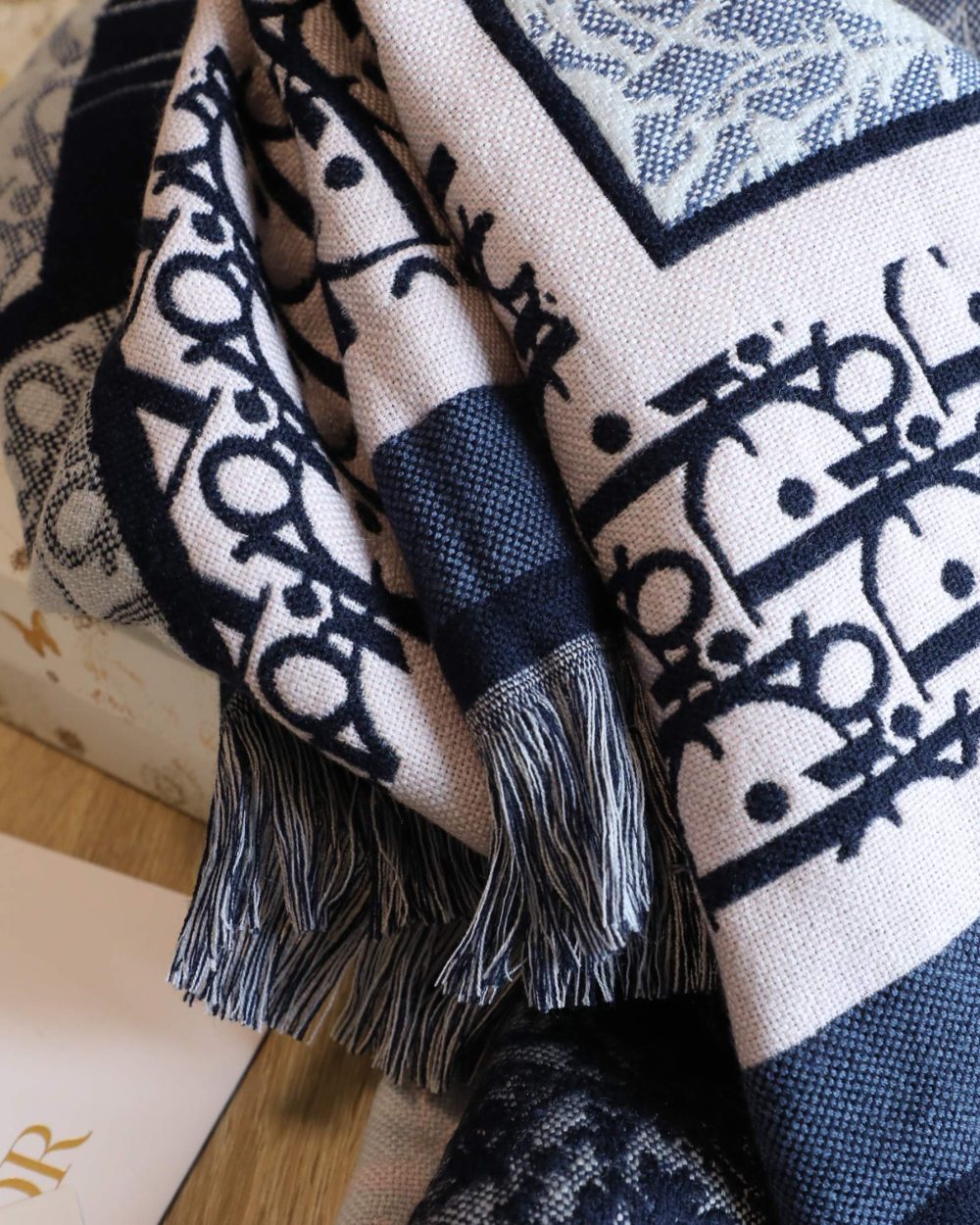 Dior Oblique Square Cashmere Navy Blue Scarf 150cm/59in 