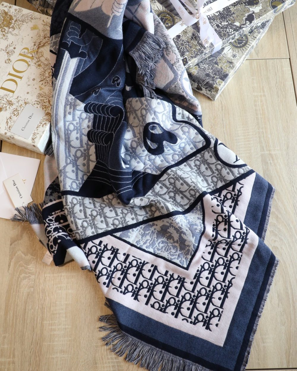 Dior Oblique Square Cashmere Navy Blue Scarf 150cm/59in 