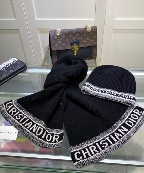 Dior Pompom Beanie & Scarf Set In Black