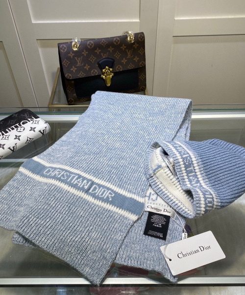 Dior Pompom Beanie & Scarf Set In Blue 