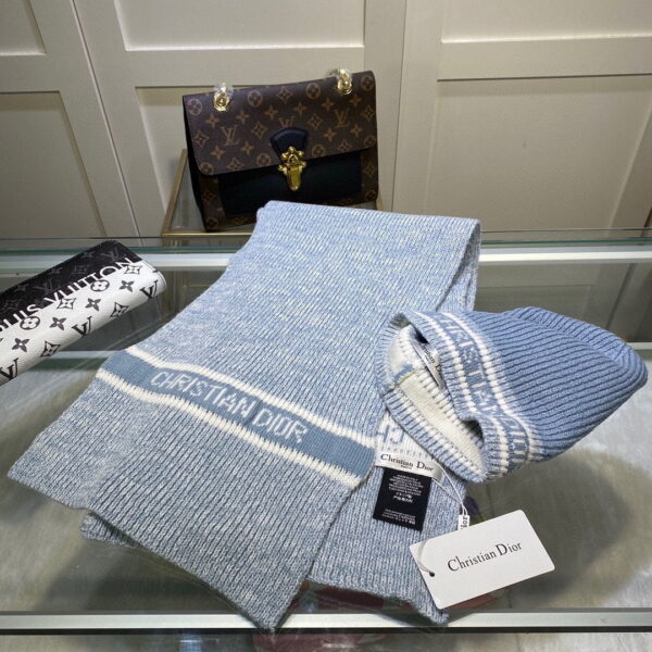 Dior Pompom Beanie & Scarf Set In Blue
