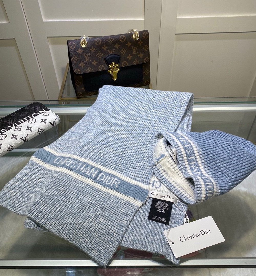 Dior Pompom Beanie & Scarf Set In Blue 