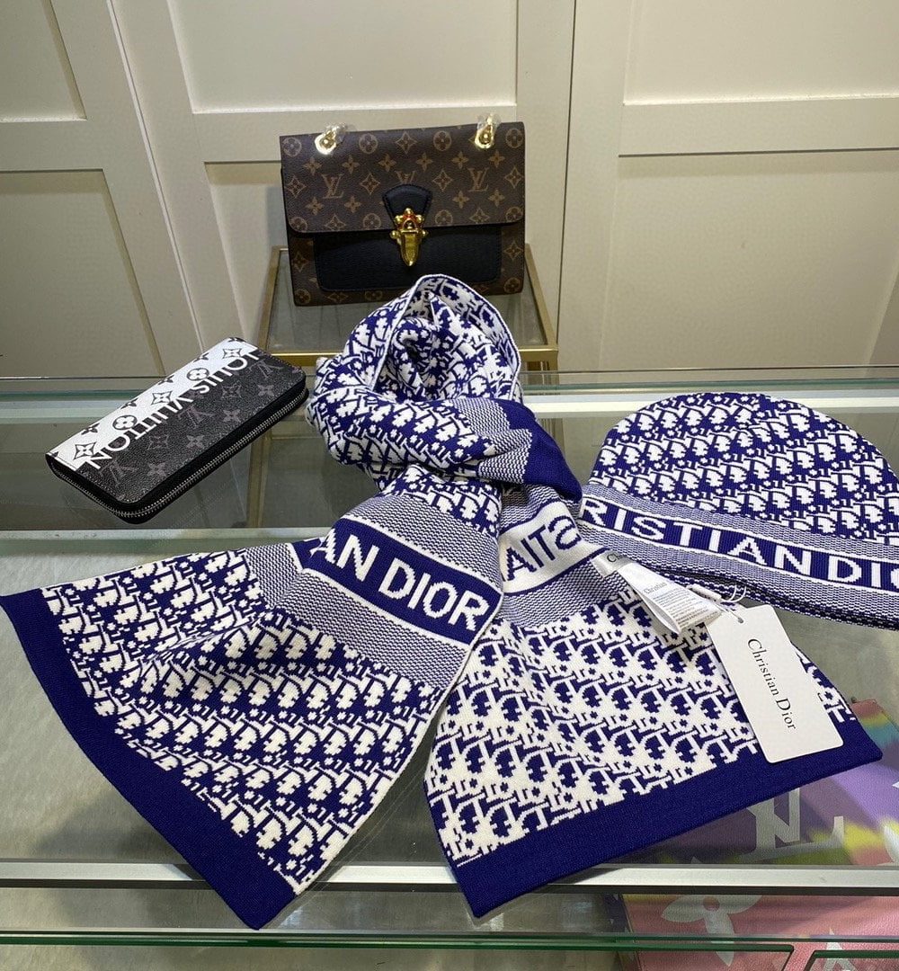 Dior Pompom Beanie & Scarf Set In Blue