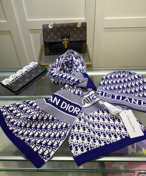 Dior Pompom Beanie & Scarf Set In Blue
