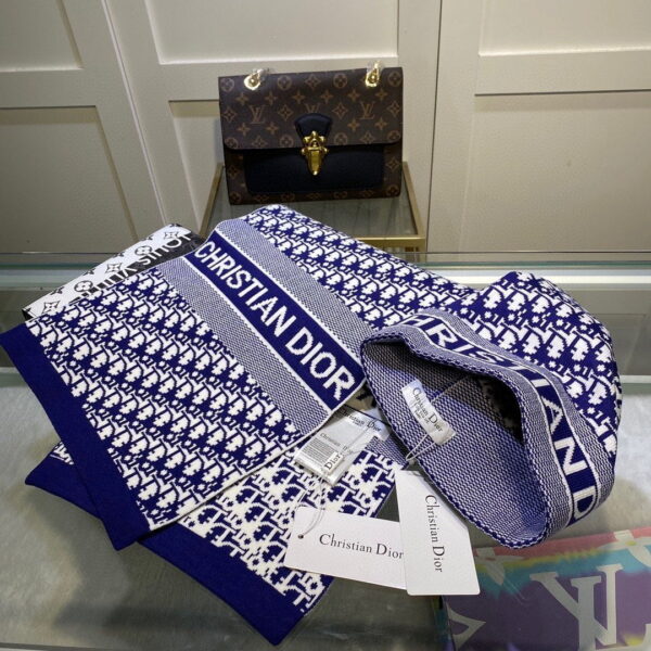Dior Pompom Beanie & Scarf Set In Blue