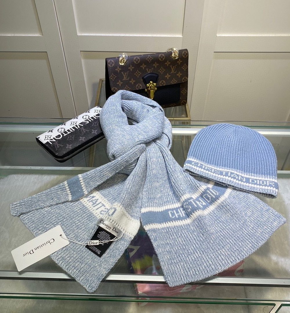 Dior Pompom Beanie & Scarf Set In Blue