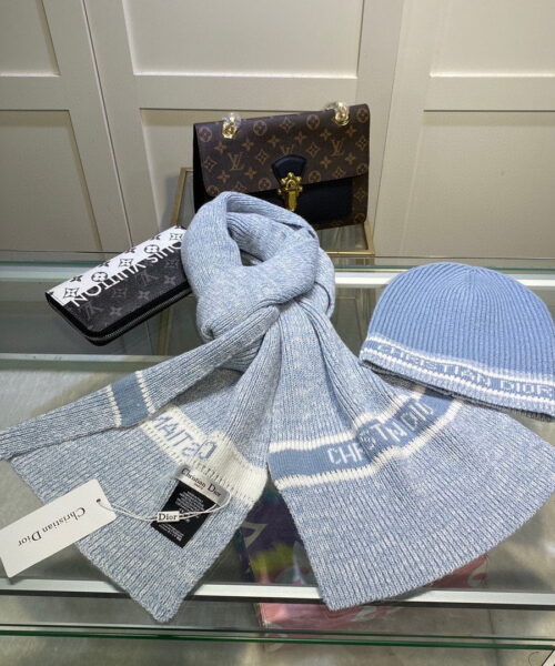 Dior Pompom Beanie & Scarf Set In Blue