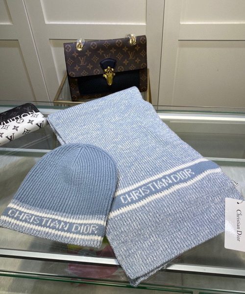 Dior Pompom Beanie & Scarf Set In Blue 