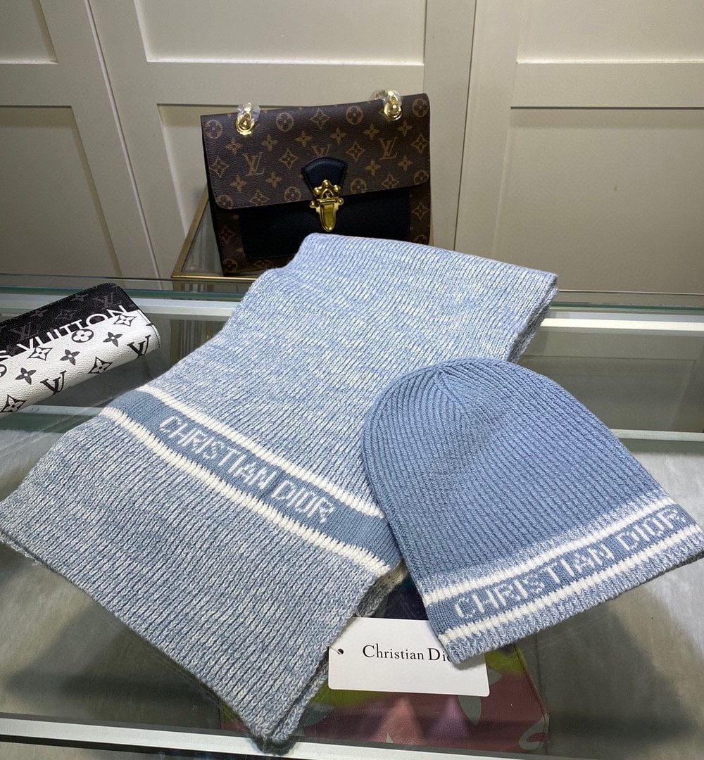 Dior Pompom Beanie & Scarf Set In Blue 