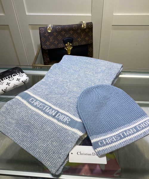 Dior Pompom Beanie & Scarf Set In Blue 