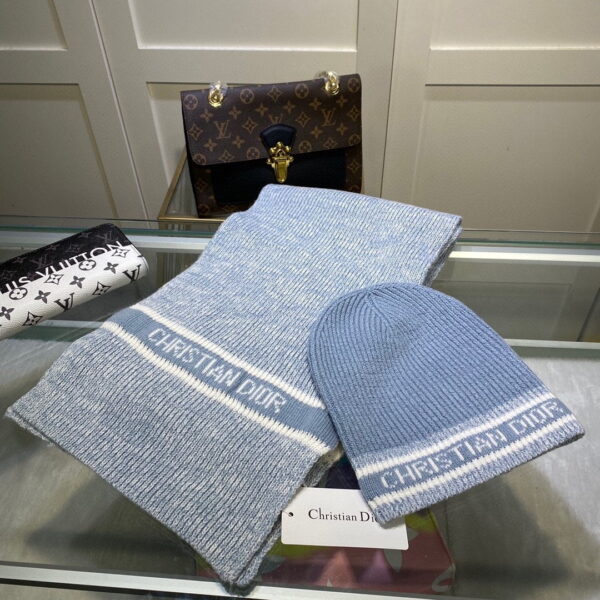 Dior Pompom Beanie & Scarf Set In Blue