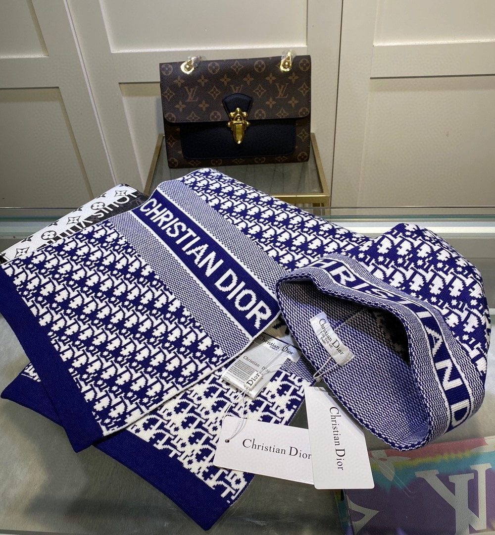 Dior Pompom Beanie & Scarf Set In Blue 