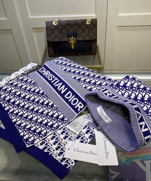 Dior Pompom Beanie & Scarf Set In Blue 