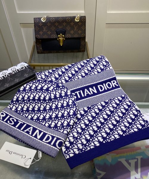Dior Pompom Beanie & Scarf Set In Blue 