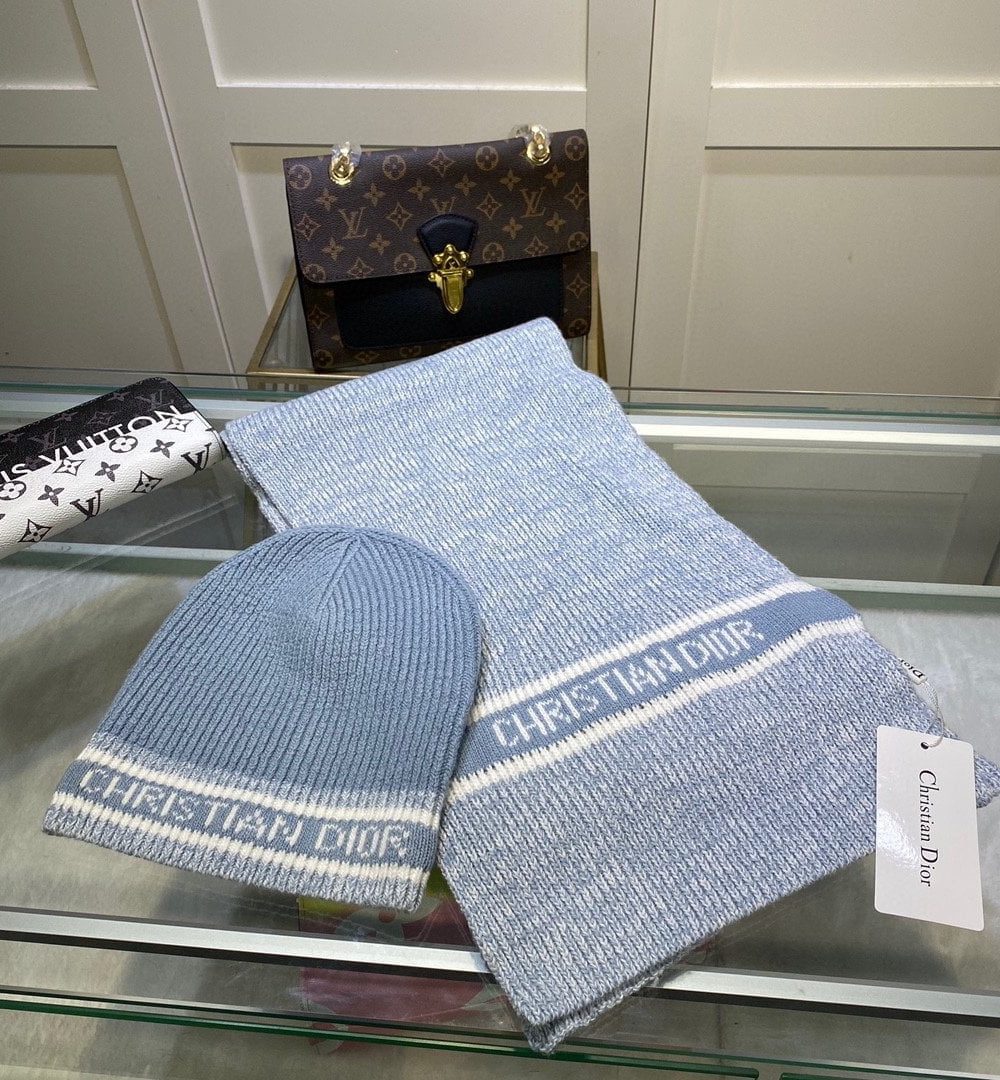 Dior Pompom Beanie & Scarf Set In Blue 