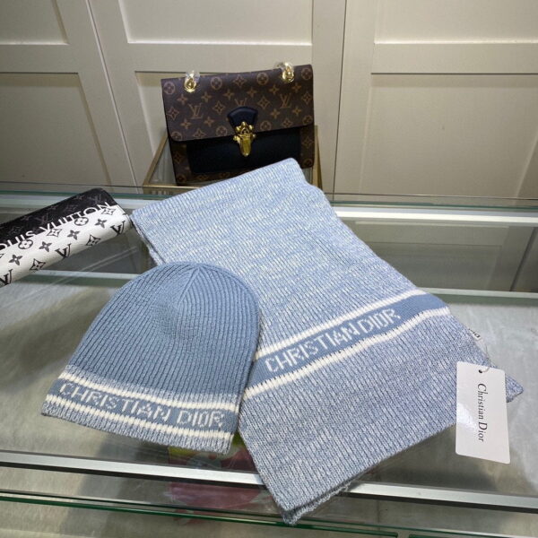 Dior Pompom Beanie & Scarf Set In Blue