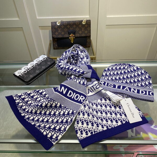 Dior Pompom Beanie & Scarf Set In Blue