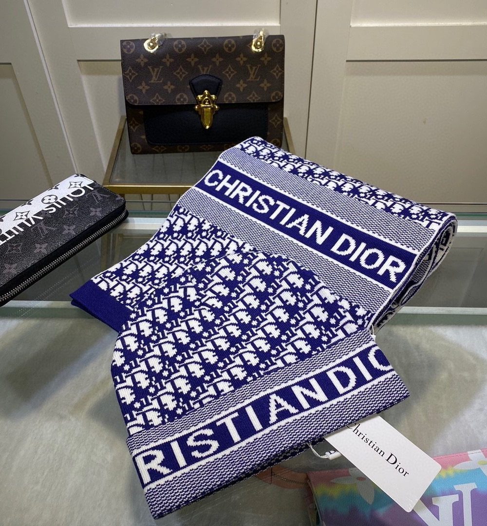 Dior Pompom Beanie & Scarf Set In Blue 