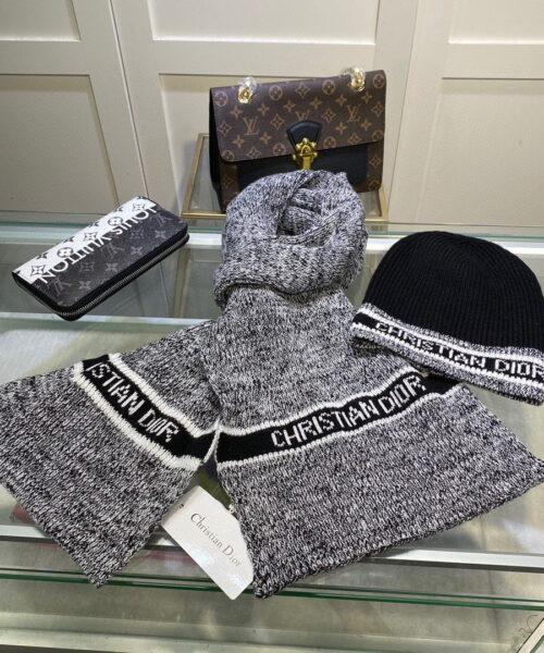 Dior Pompom Beanie & Scarf Set In Grey 