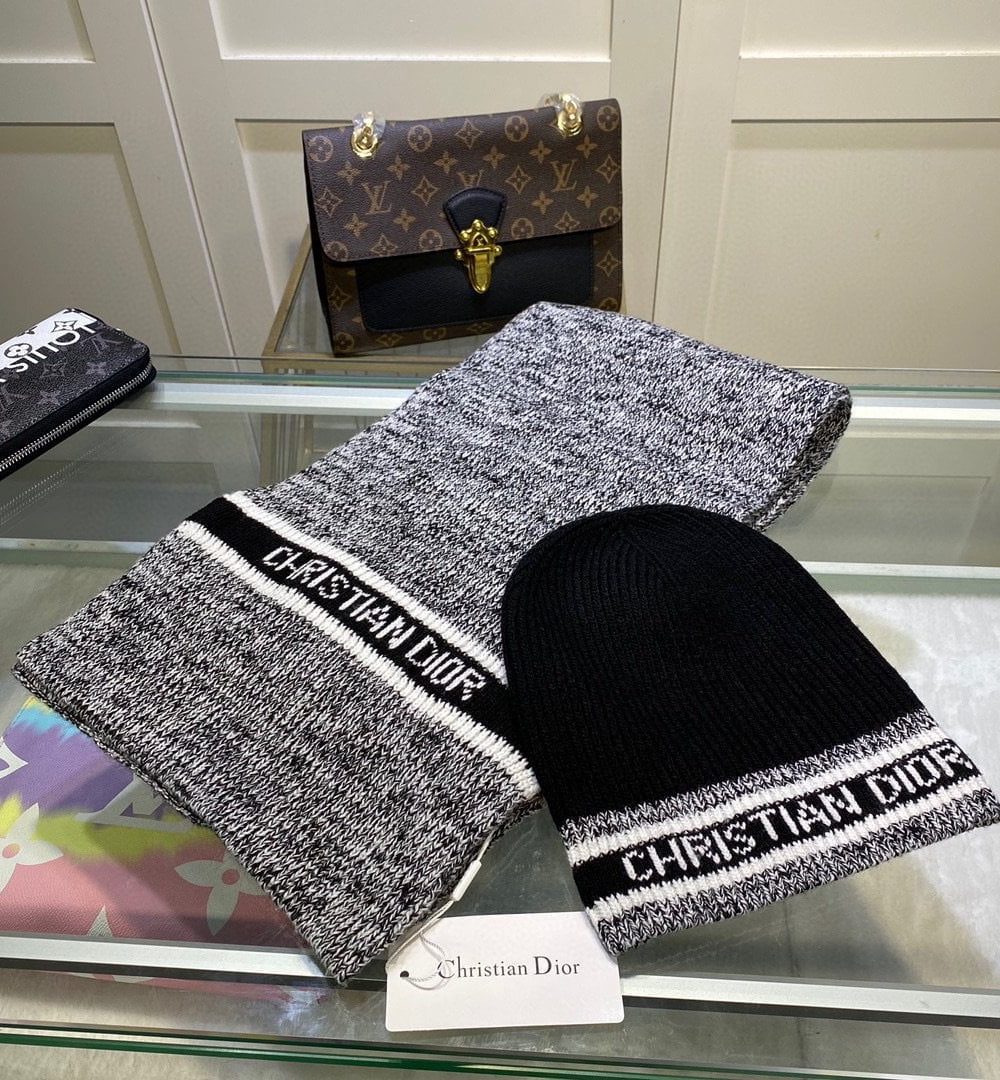 Dior Pompom Beanie & Scarf Set In Grey 